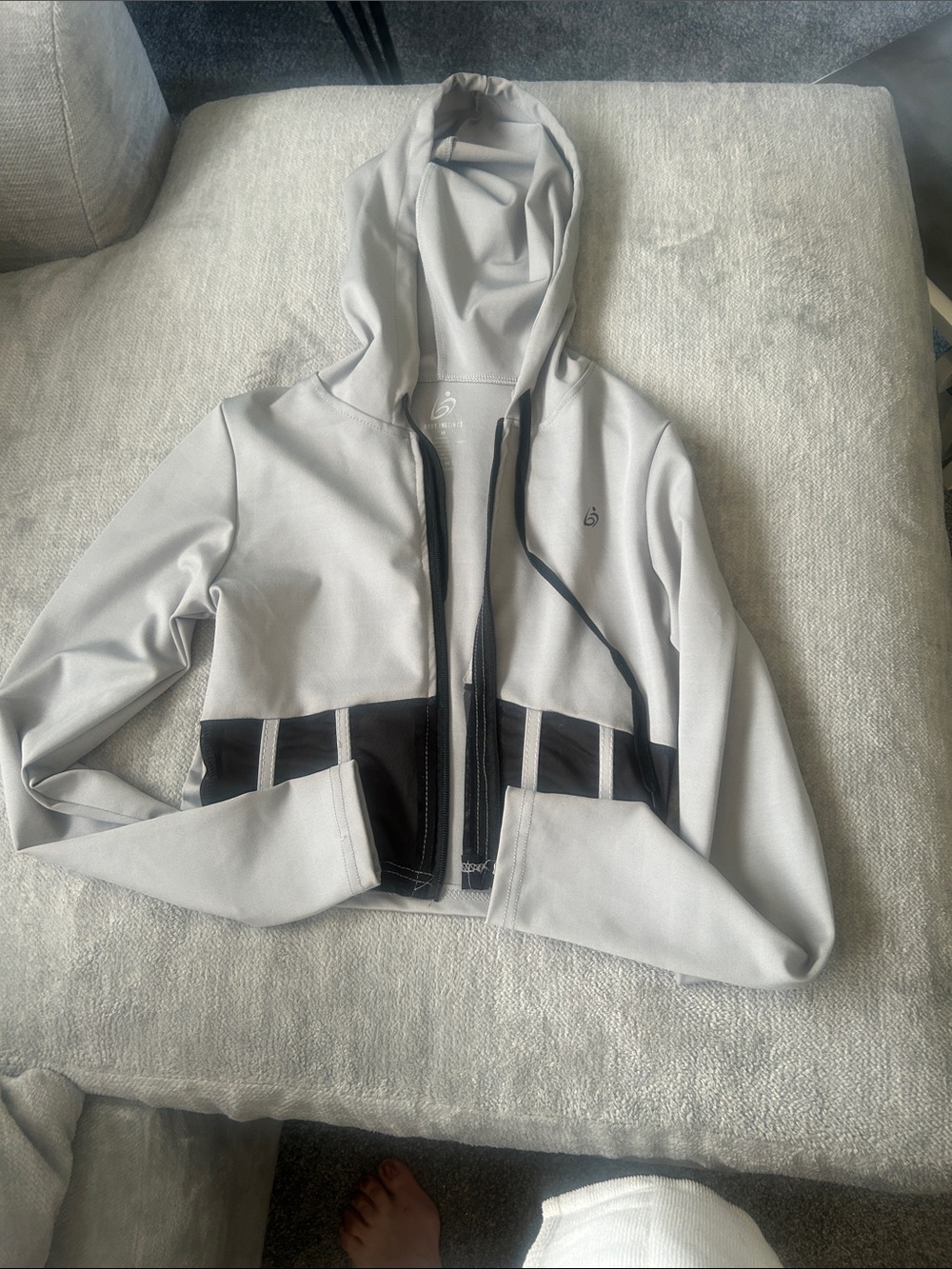 Light Gray Hooded Zip Jacket with Black Accents - Women's